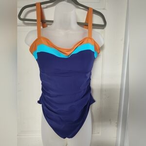 Colorblock One-Piece Swimsuit - Blue, Orange, and Aqua